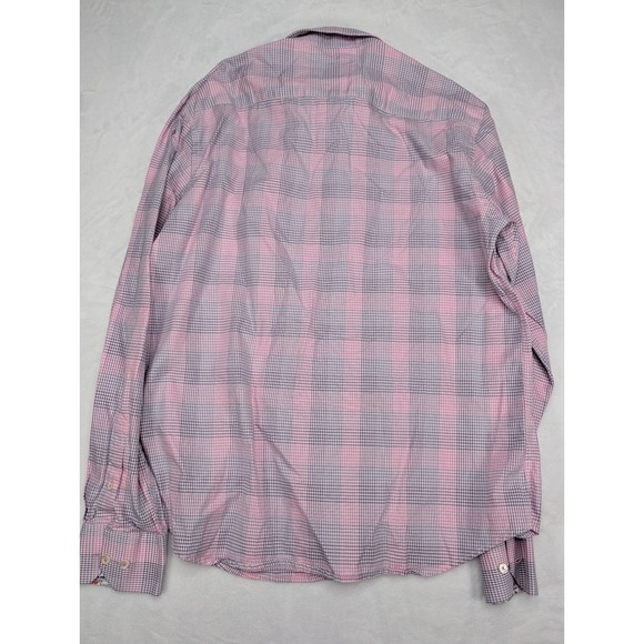 BUGATCHI Shaped Fit Men's Plaid Button Down Dress Shirt L Long Sleeve Pink Blue - Picture 8 of 8